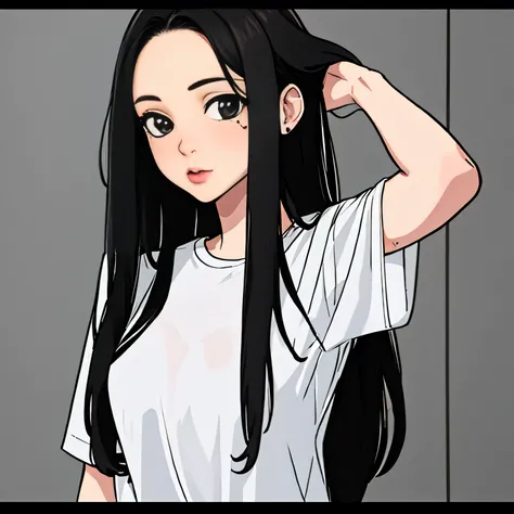 1girl, monochrome, solo, looking_at_viewer, long_hair, shirt, mole, phone_screen, t-shirt, closed_mouth, mole_under_mouth, upper_body, clothes_writing, realistic, letterboxed, lips, forehead