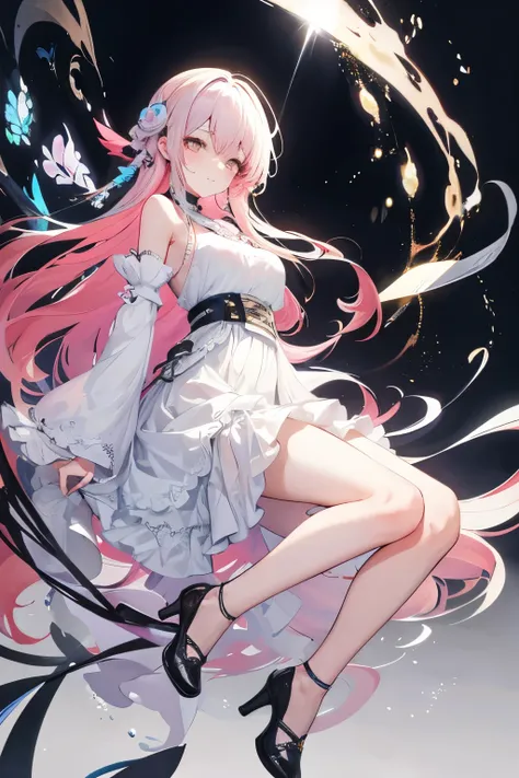 High resolution, masterpiece, Anatomically correct, Best Quality, One girl, smile、Blushing、Simple Background、Light-colored hair、Shortcuts、Pastel colors、Long skirt、High heels、Shoulders stick out、Simple clothing