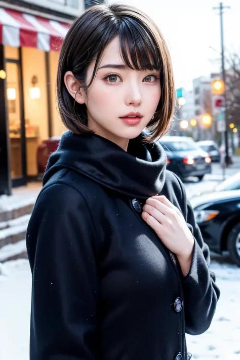 (masterpiece, Best Quality),One Girl, Alone, Black-haired, scarf, Have, Realistic, Realistic, Gazing at the audience, Light-coloured black eyes, Short Brunette Bob, Brown coat, Winter clothes, White headscarf, Lips are banned, Outdoor, Mouth closed, Upper ...