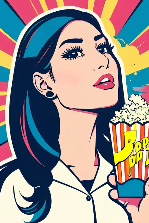 print、(Illustration style)、Woman looking this way、(highest quality)、Popcorn、casual、((POP ART))、colorful