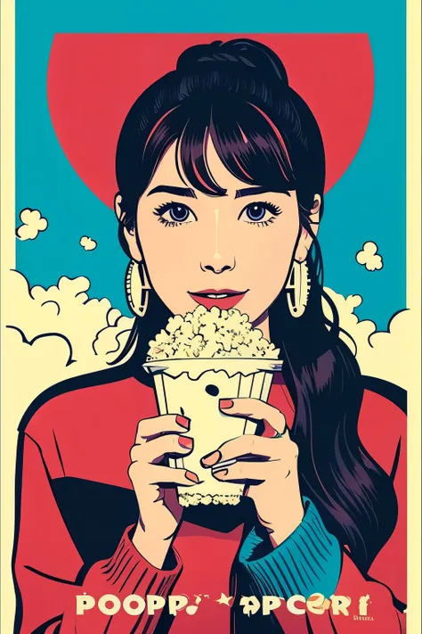 print、(Illustration style)、Woman looking this way、(highest quality)、Popcorn、casual、((POP ART))、colorful