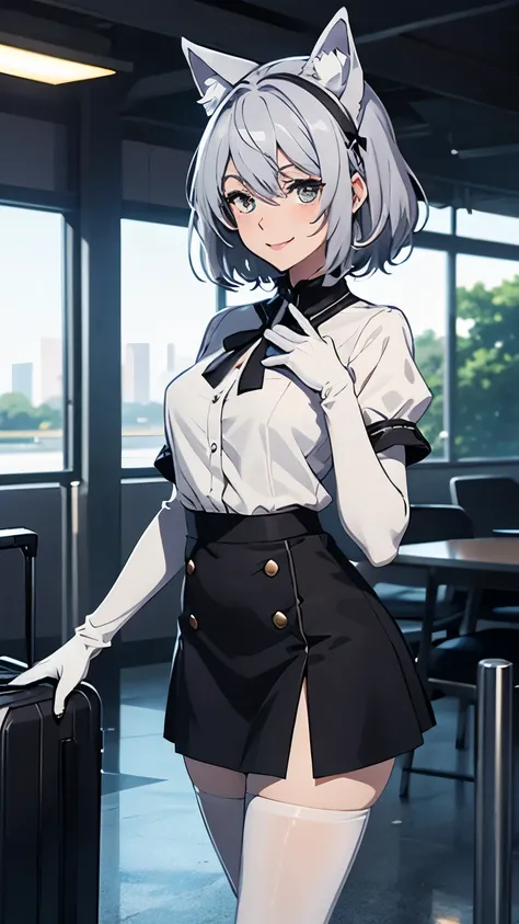 Tabletop　 Best image quality　wonderful　Attention to detail　One Young Woman（（adult））Anime Style　Cabin Attendant　mini skirt（Tight skirt）　Pure white gloves（Elbow Gloves）　Black pantyhose　Carrying case　White wolf ears　Short Hair（（Shortcuts）（Gray Hair）（Curly hai...