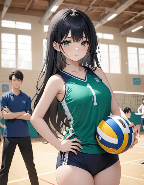 ((Best Quality, 8k, masterpiece: 1.3)),people間の女の子,１people,１peopleで,((Petite,Glamorous Body,Curvy)),cute,((A serious look at the ball)),((Black Hair)),Long Hair,Beautiful emerald green eyes,((His gaze was fixed on the volleyball.,Inside the school gym,Voll...