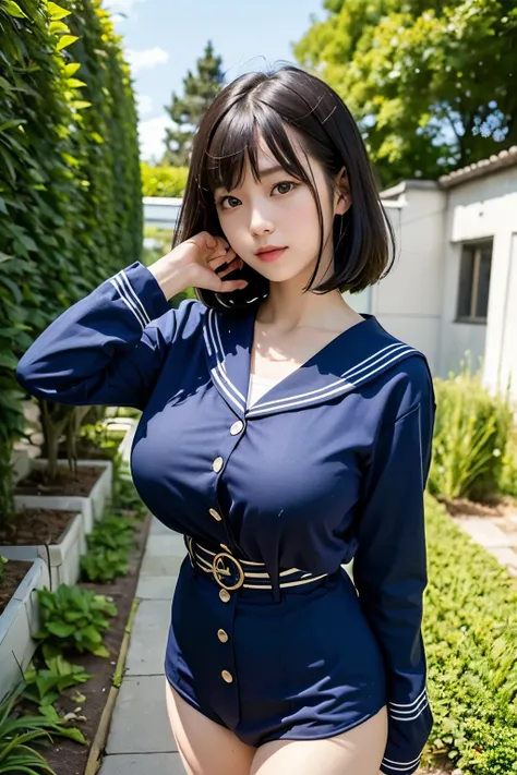 (Best Quality, 8k, 32K, masterpiece, Ultra-high resolution:1.2), Cute Japanese Girl, (Big Breasts), Short black hair, bangs,Tall, (Navy blue sailor suit), Tight waist,(High school girl),(Outdoor、garden、blue sky)、