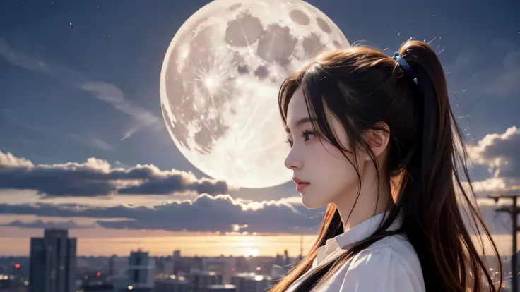 A 20-year-old Japanese woman with a beautiful profile like a popular actress。For crystal clear white skin、A slightly sad expression, as if she had been heartbroken。Her very long and beautiful hair is impressive.。Wearing the latest fashionable clothes。The b...
