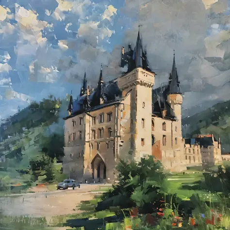 Oil painting style,arafed view of a castle with a sunset in the background, beautiful castle, epic castle with tall spires, magical castle, medieval castle on background, medieval castle background, fairy tale place, located in a castle, luxury castle, got...