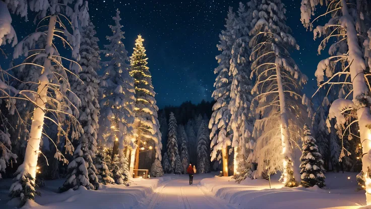 A magical winter forest where every tree is decorated with glowing lights, ornaments, and sparkling tinsel. A path winds through the forest, lined with snow-covered fir trees, leading to a cozy cabin in the distance. The sky is filled with stars, and the s...