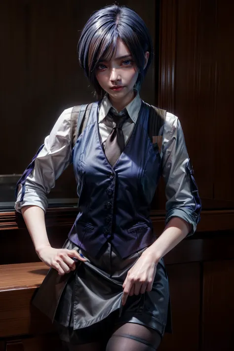 Touka Kirishima, Tokyo Ghoul, blue-violet eyes, blue-violet hair, beautiful and calm facial features, short hair covering the left side of her face, white shirt, necktie, sleeves rolled up, black vest, brown skirt, pantyhose , Cafeteria background , Detail...