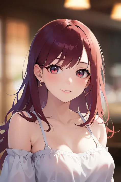 Realistic, Real person, RAW photo, photorealistic, portrait photography, shiny skin,  2 woman、(Medium Hair) and (red hair) and (red eyes), Wearing a white off-the-shoulder blouse、smile,  blush, The background is the interior of a restaurant at night、Alone