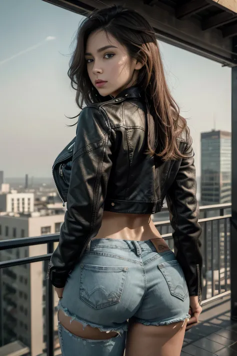 masterpiece, best quality, high resolution, profesional lighting, Photo Studio, Alone, big butt, Balcony of the building , View of the horizon , leather jacket , bra out of position, Ripped short jeans, standingn, Frontal, Seductive pose, two exaggerated t...