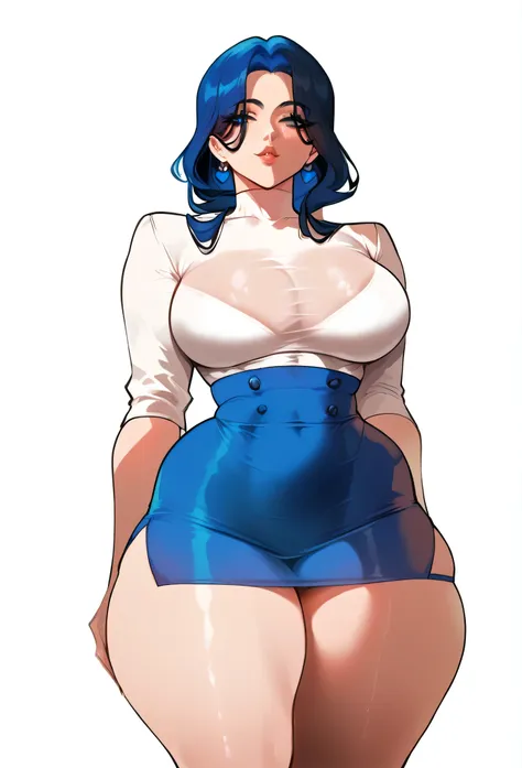 a close up of a person in a blue skirt and a white shirt, thick thigs, thicc, big booty, tight attire, korean girl, the extremel...