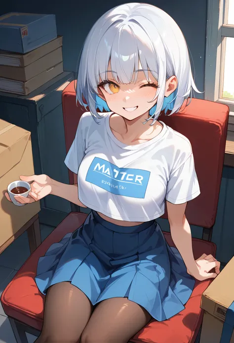 (masterpiece) best quality, heat-shaped face, perfect round yellow eyes, short white hair with blue tinted ends, white cropped top t-shirt, kaiser as text written on the frontside of white cropped t-shirt, pantyhose, D-cup breasts, wearing dark blue box pl...