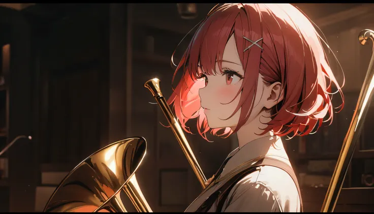 Short Hair, (Red Hair:1.2), X Hair Ornament, Red Eyes,One person,Best Quality, masterpiece, High resolution,highest quality, intricate details, (cinematic lighting), RAW photo, 8k ,high definition detail、Brass band、indoor、Trombone、Wind Instruments