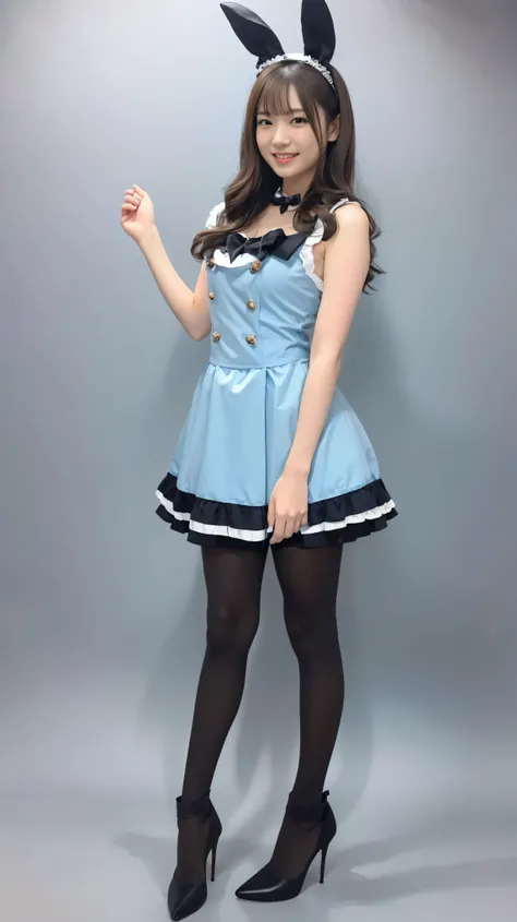 A bunny girl in a light blue maid outfit:1.5，Full body photo片、I wore leggings:1.5，The most beautiful smile:1.5，Full body photo:1.5，Gray background:1.5，Wear black high heels:1.5，
