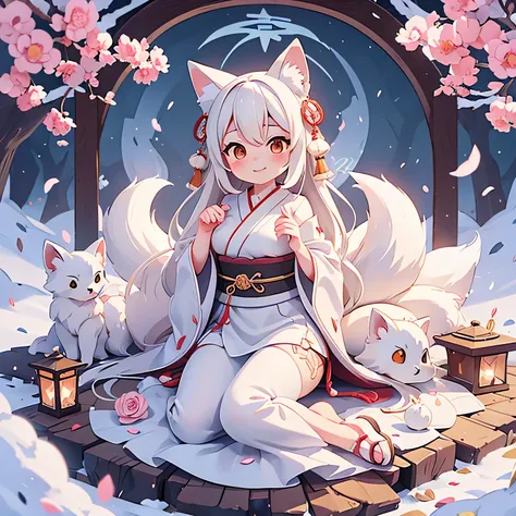 Japanese Shrines　Nine-tailed white fox　Anime style design　Highest quality ,masterpiece, number, Very delicate and beautiful, Wonderful, detailed, masterpiece,　charm　
