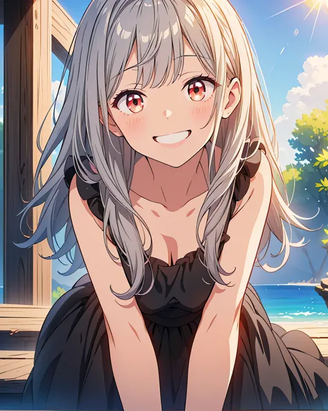 Best Quality, 32K, High resolution, masterpiece:1.5, One beautiful girl, Anime-style illustrations, Rich emotional expression, An exceptionally beautiful face, Perfect Human Anatomy, Big Red Eyes, ((An innocent smile:1.6)), Shiny ash grey hair, Medium Hair...