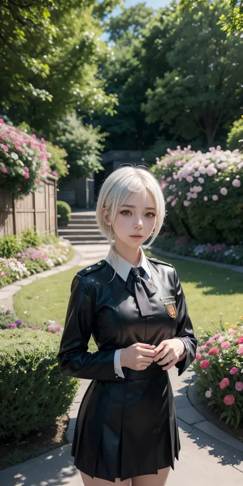 anime girl in uniform posing in a garden with flowers, a hyperrealistic schoolboy, hyperrealistic schoolboy, ilya kuvshinov land...