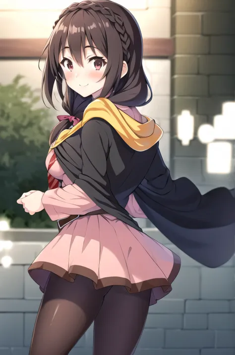 (masterpiece, best quality), anime、1girl,    yunyun,long hair,braid,twintails,hair between eyes,hair bow,hair ornament,large breasts,(cape:1.2),necktie,shirt,pink shirt,long sleeves,belt,pink skirt,pantyhose,loafers,brown footwear、(The best smile)、(blush)、...