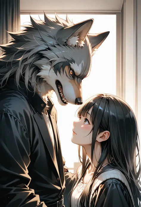 rating_safe, score_9, score_8_up, score_7_up, score_6_up, score_5_up, score_4_up, source_furry, highres, indoor, couple of comics(super cute 1girl, 1wolf, kemono, furry anthro)tumblr, sosaku hanga, black and white manga page, manga page, doujin, ddlc, anim...