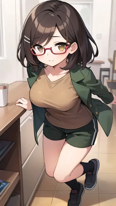 Long bangs, brown hair, red glasses, brown eyes, (large breasts: 1.0), medium hair, boyish, green coat, brown T-shirt, white shorts, elementary school student, very short, hairpin, young face, strong-willed personality, , young girl, round eyes, long black...