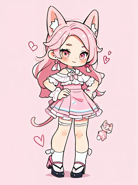 High resolution, masterpiece, Anatomically correct, Best Quality、One girl, Blushing, smile, Simple pink background, High heels、mini skirt、Cat ears、Pastel colors、Strange pose、30 hearts on background