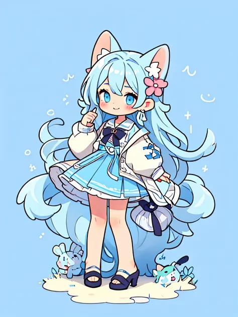 High resolution, masterpiece, Anatomically correct, Best Quality、One girl, Blushing, smile, Simple light blue background, High heels、mini skirt、Cat ears、Pastel colors、Strange pose