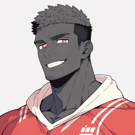 anime characters:Priapus, Black Black Skin Muscle Sports Student, Manliness, male focus, Red Sports tight hooded sweatshirt, Wear a high-necked tights underneath, Very tight, Huge pectoral muscles, muscular male, muscular, Perfect muscular waist, only, Up...