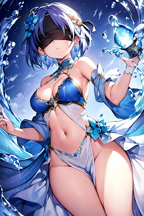 (4K、masterpiece、Best Quality、High image quality、Detailed light、Detailed Shadows、Detailed Design)、1 girl、Short Hair、Light blue hair、Fantasy、(Water Spirit)、Blue clothes、(A dress that is too open)、((Lavish decoration))、Water Magic、((Modest chest))、((Small bre...