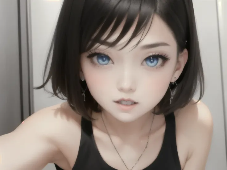 8k,Masseter muscle area,Absurd, Ultra-detailed,Bright colors, (Black tank top:1.4),(Shown below:1.3),(Surprised:1.4),Very beautiful detailed anime faces and eyes, View from the front, ;is, Shiny_skin,2, Short Hair, , Asymmetrical bangs, Blonde with short t...