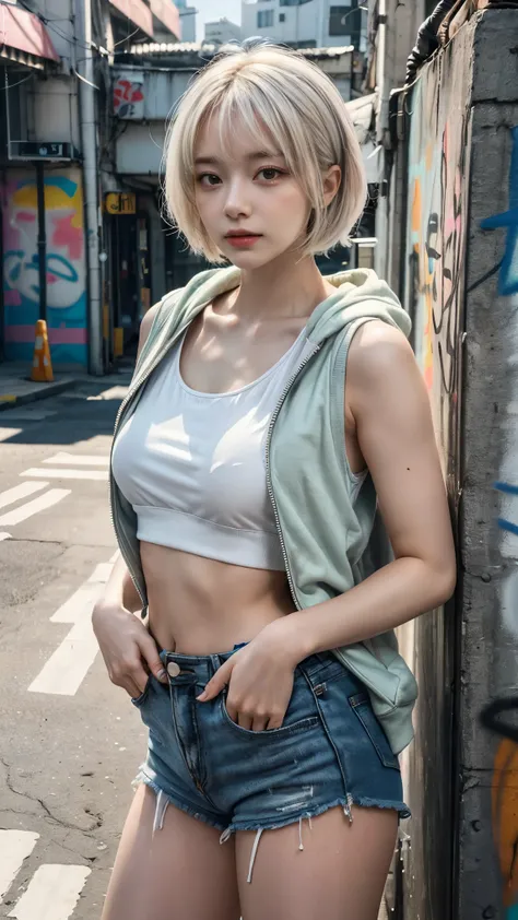 masterpiece, Highest quality, Very detailed, 8k, Realistic, One Girl, alone, Tomboy, Very detailed face, (head shot:1.5), Standing in front of a wall covered in hip hop graffiti, Cyberpunk neon cityscape,Pixie cut white hair, She is wearing a short neon ta...