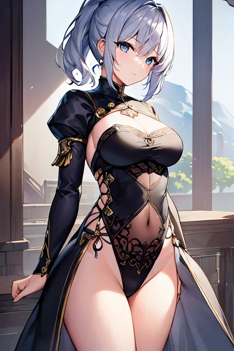 (4K、masterpiece、Best Quality、High image quality、Detailed light、Detailed Shadows、Detailed Design)、1 girl、Short Hair、Silver Hair、ponytail、Fantasy、God&#39;s Favourite Devil、Black clothes、Warrior、Shorts、((Lavish decoration))、Large Breasts、Earrings、pendant、(Sho...