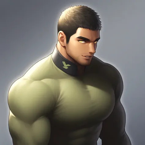 anime characters：Gyee Chris Redfield, Muscle Sports Student, negro black skin, 1 dark skin muscular tough guy, Manliness, male focus, Light yellow high collar long sleeve tight T-shirt, Slightly transparent material, Very tight, Round, full and perky chest...