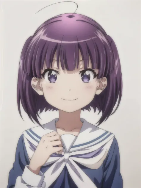 solo, 1girl, looking at viewer, 2D, anime, official style, anime coloring, anime screencap, upper body, (simple background, solid white background:1.3), kirin morino, twintails, school uniform, serafuku, blue shirt, white ribbon, long sleeves, smile