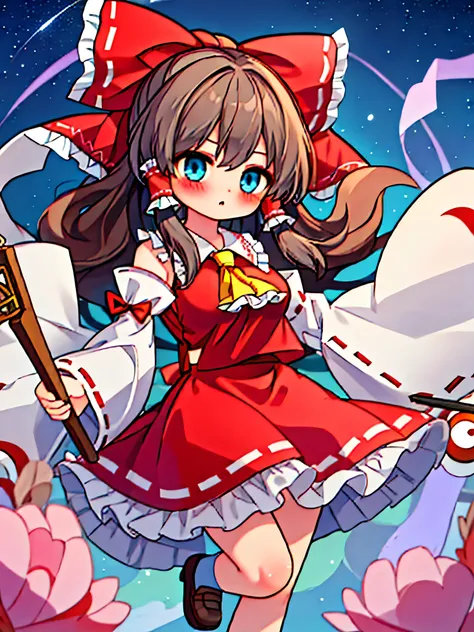 ((masterpiece)), ((best quality)), (ultra-detailed), ((kawaii)), ((extremely detailed)), 4K, (8K), best quality, (highres), (beautiful), a cute girl, solo, hakurei_reimu_touhou, beautiful light brown hair, beautiful blue eyes, ((beautiful eyes)), blush, ri...