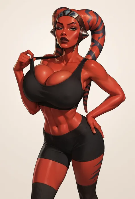 (best quality, masterpiece, highly detailed), 1girl, (red skin), sexy busty Twilek, sharp facial features, dark lips, looking at viewer, black racerback sports bra, black spandex mini gym shorts, wedgie, black workout headband, long black socks, Star Wars,...