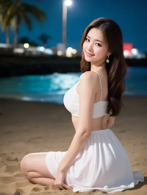 (Best Quality, 8k, masterpiece: 1.3), Clear Focus: 1.2, Beauty: 1.4, Abdominal muscles: 1.1, Original photo:1.3, Brown Hair, Princess Dress: 1.4, Outdoors at night: 1.1, street, Beautiful face and eyes, Double eyelids. Realistic lighting added, On the beac...