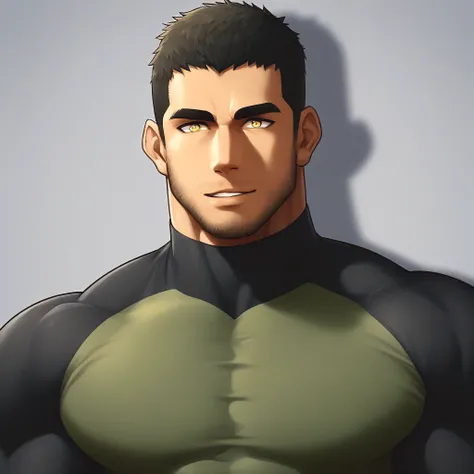 anime characters:Gyee Chris Redfield, Muscle Sports Student, negro black skin, 1 dark skin muscular tough guy, Manliness, male focus, Military Green Camouflage High Neck Long Sleeve Tight T-Shirt, Slightly transparent material, Very tight, Round, full and ...