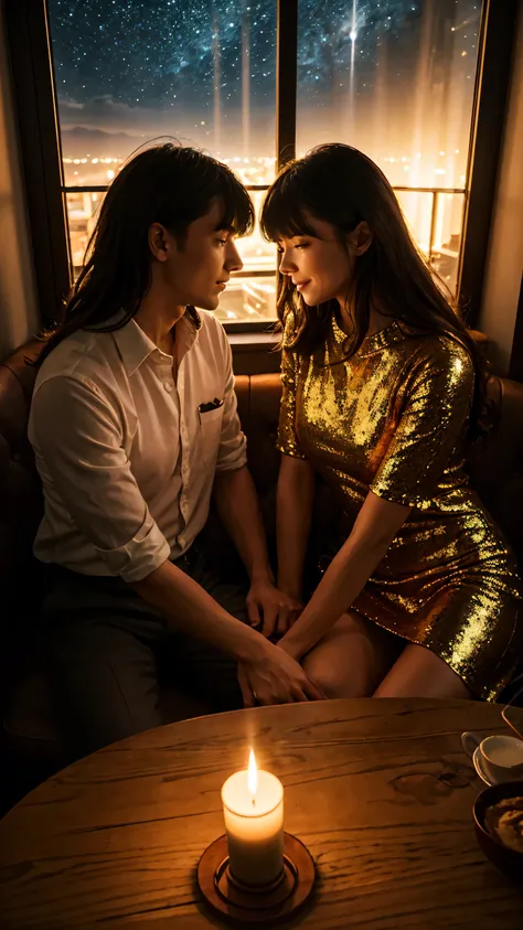 Fantasy style illustration of a couple in love in a cozy cafe having a candlelit dinner, dressed in a dark gold tunic and shirt with shiny luminous sequins, glowing gold threads woven into the womans long curly hair, neat bangs, epic glowing scene, dynamic...