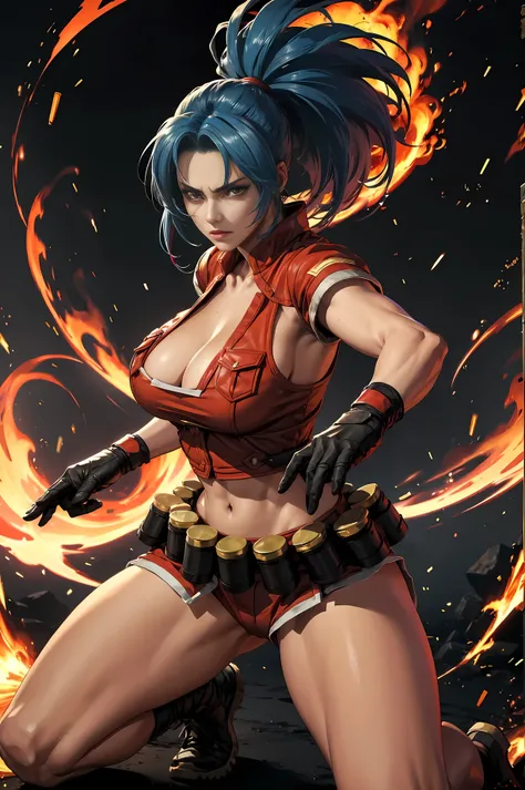 Leona Heidern, a formidable fighter from the King of Fighters franchise, mid-transformation into her powerful Orochi form. With a dramatic backdrop of swirling, fiery energy, Leonas typically stoic gaze is intense and unwavering as she embraces the ancient...