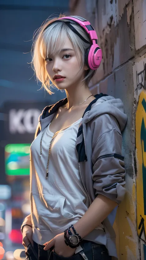 masterpiece, Highest quality, Very detailed, 8k, Realistic, One Girl, alone, Tomboy, Very detailed face, (head shot:1.5), Standing in front of a wall covered in hip hop graffiti, Cyberpunk neon cityscape,Pixie cut white hair, She is wearing a short neon ta...