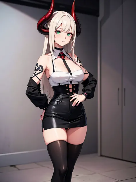 An anime image of a female character, a 22% naked woman with black-red horns, view of 1 girl, alone, cameltoe, thighs, tattoo, long hair, looking at viewer, horns, crimson red short croptop, tattoo, Shoulder-length white hair, seductive girl, long sleeves,...