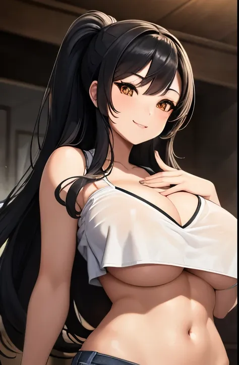 Realistic, a glamour shot of a brazen Asian waifu with a wide smile (extremely long wavy black hair), hand on her chin, hard nipples, big ass, leaning toward the viewer, cowgirl pose, with Smokey eyeshadow and knowing smile, heavy eyeshadow and mascara, un...