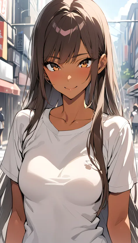 Takeda Hiromitsu style,(((masterpiece,best quality anime:1.3,Best Quality))),close up of face,portrait,1woman,young adult,dark brown hair,straight long hair,bangs,((very small head:1.3)),brown eyes,smile,((very long body,tan skin)),medium breasts,((slender...