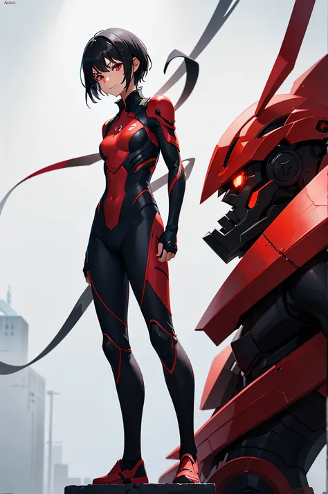 UA Student, Women, BROWN SKIN, short black hair, Red eyes, antihero, Little smile, red and black suit, pose normal