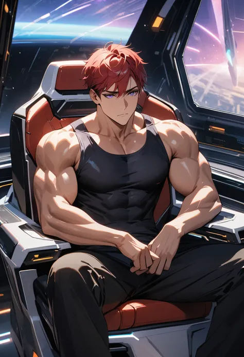 masterpiece, best quality, 8K, ultra res, extremely detailed,, A muscular male mechanic, with a sleek and powerful physique, sits in the captains chair on the bridge of a futuristic spaceship. He has red hair in a short sports cut, and his eyes, an oddity ...