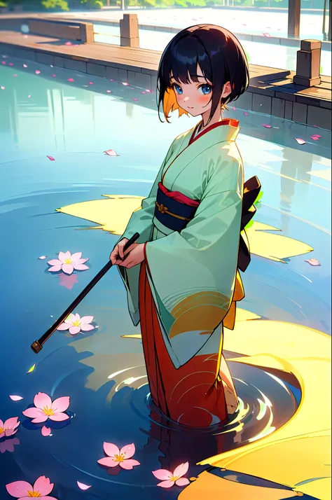 ((masterpiece, best quality, detailed)) 1girl, highres, japanese clothes, kimono, moon, original, partially submerged, petals, short hair, sion 0d1m, solo, wading, water