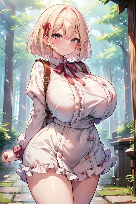 Hentai、High resolution、Fantasy、Sleepy smile、Cobblestone road in the forest、A busty gal with a sense of weight showing off her charms on the approach to the shrine、Perfect proportions、Frill dress、Cowboy Shot、Fatty thick legs、Clear eyes、Draw hands correctly