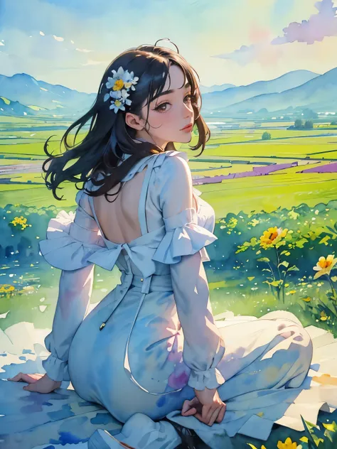 ((best quality, masterpiece, absurbres, super-resolution)), big flower field, beautiful romantic scenery, detailed landscape, looking back at viewer, (watercolor technique:1.3)