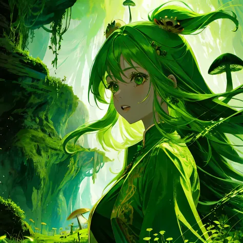 girl, Green Hair, Long hair, Green Dress, , Fungi, In the glowing cave
