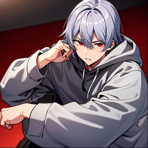  boy、Red Eye、Gray Hair、Wearing a black hoodie